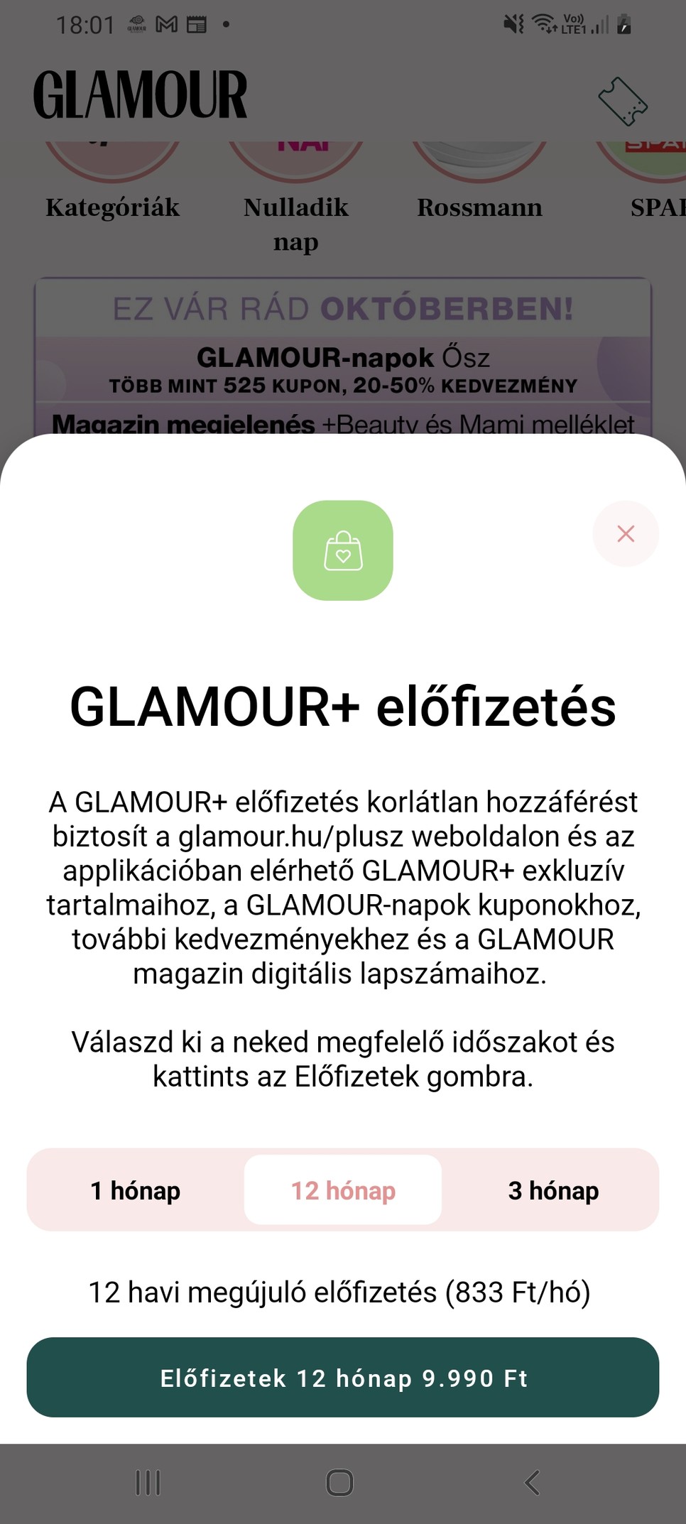 Előfizetés képernyő