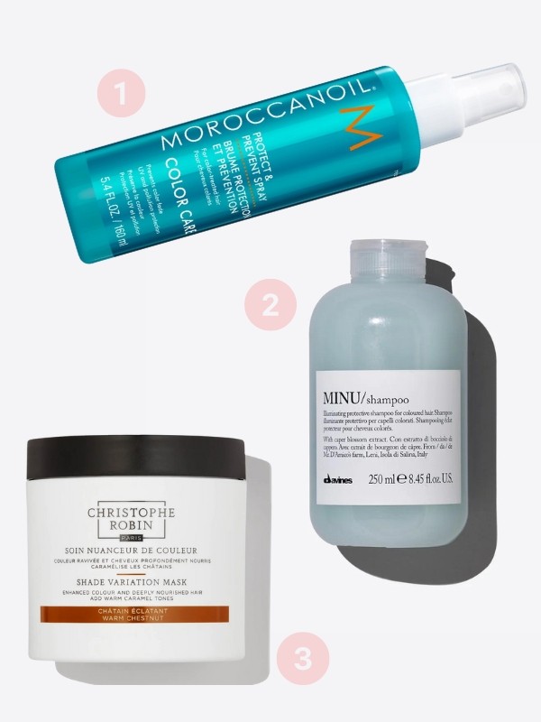 1. Color Care védő spray festett hajra MOROCCANOIL 12 820 Ft/160 ml (80,12 Ft/1 ml) - notino.hu 2. Minu sampon DAVINES 6790 Ft/250 ml (27,16 Ft/1 ml) 3. Shade Variation színező (Warm Chestnut) CHRISTOPHE ROBIN 13 900 Ft/250 ml (55,6 Ft/1 ml)