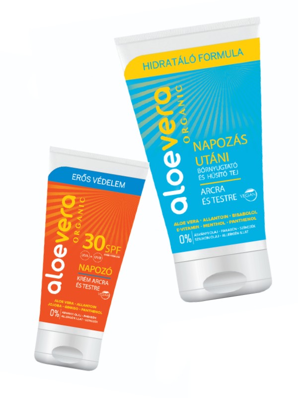 SPF30 napozó krém arcra és testre ALOE VERA ORGANIC 999 Ft/50 ml, Napozás utáni bőrnyugtató és hűsítő tej ALOE VERA ORGANIC 999 Ft/150 ml