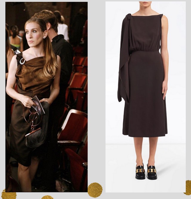 Nyilván teljesen ugyanolyan ruhákat lehetetlen találni, mint amilyeneket Carrie hordott, hiszen évtizedek teltek el azóta. Hasonlókat azonban nem lehetetlen. Carrie ezt a barna, szatén Prada ruhát viselte, hasonló ruhát pedig még mindig lehet vásárolni a márkától. Prada ruha: 1350 euró, kb. 486 ezer forint. 