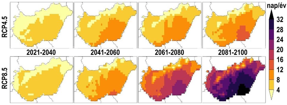 3. ábra: A tartós hőhullámos napok várható átlagos évi száma 2021-2040-ben, 2041-2060-ban, 2061-2080-ban és 2081-2100-ban az optimistább RCP4.5 (fent) és a pesszimista RCP8.5 (lent) forgatókönyvet figyelembe vevő modellszimulációk átlaga alapján. A szerzők ábrája.