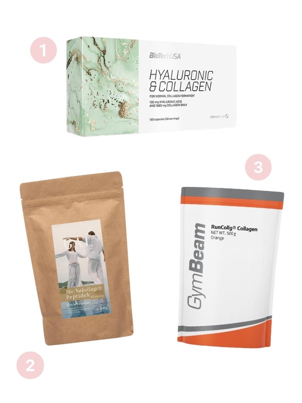 1. Hyaluronic & Collagen kapszula BIOTECH USA 8990 Ft/120 kapszula 2. Marhakollagén peptidek klasszik GAL 5490 Ft/300 g (18,3 Ft/1 g) 3. RunCollg hidrolizált kollagén (Narancsos) GYMBEAM 5990 Ft/500 g (11,98 Ft/1 g)