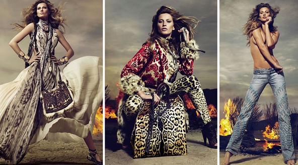 Kezdjük az áttekintést egy olyan kampánnyal, amelyben Gisele Bündchen meggyőzően mutatta meg az újragondolt két régi Cavalli "találmányt", az állatmintás ruhát és a díszített, koptatott farmert.