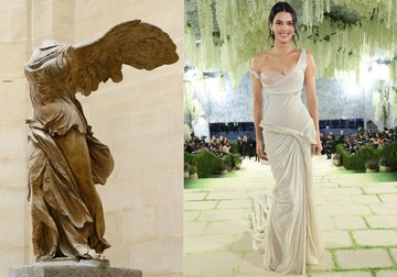 Kendall Jenner szó szerint „szárnyakat kapott”, a Szamothrakéi Niké szobrot megidézve. A I. e. 2. század elején készült görög márványszobor a hellenisztikus művészet egyik legismertebb remekműve. Zac Posen (GapStudio) a szoborszerű hatást egy lenge, szinte nedvesnek tűnő jersey anyaggal érte el, amely a megfelelő helyeken szorosan tapadt, máshol pedig dinamikusan együtt mozgott a testtel, felidézve a márványba faragott drapéria könnyedségét.