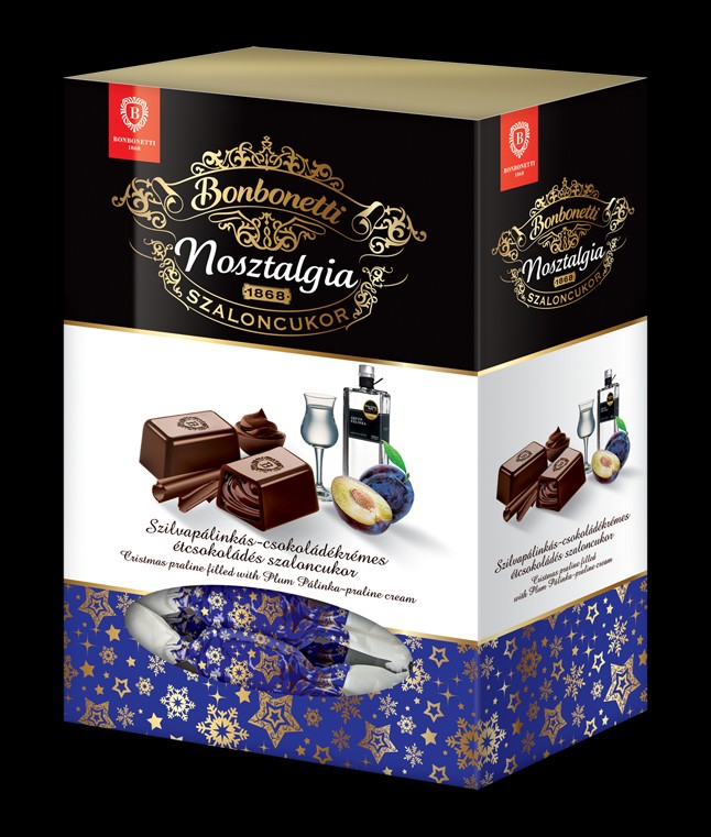 Bonbonetti Nosztalgia szilvapálinkás-csokoládékrémes étcsokoládésszaloncukor 350g  ajánlott fogyasztói ár: 1.999 Ft