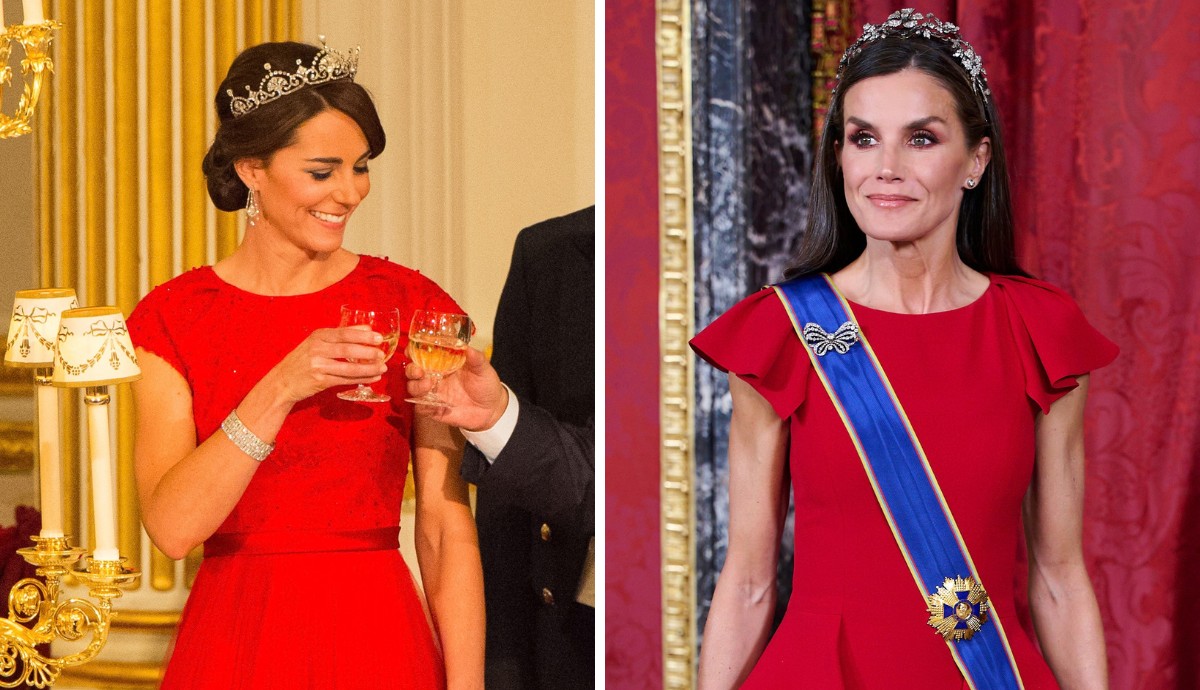 Katalin hercegné és Letícia spanyol királyné lenyűgözően festenek tiarában. A hivatalos eseményeken nem félnek a pirostól sem, igazán fenséges a megjelenésük ezektől a karcsú alakjukhoz passzoló, mesés daraboktól. 