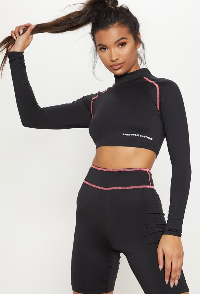 PRETTYLITTLETHING LONG SLEEVE BLACK ZIP BACK GYM TOP - www.prettylittlething.com