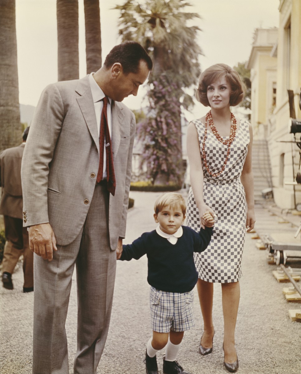  Italian actress Gina Lollobrigida with her husband Mirko Skofic and their son Mirko Skofic, Jr. on a film set, circa 1952. 