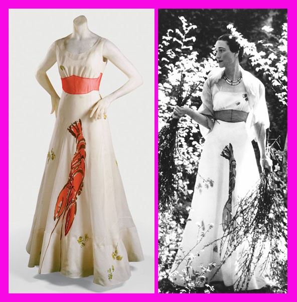 A homárruha Salvador Dalíval közös projekt 1937-ből. A divatikon Wallis Simpson, akinek szerelméért a walesi herceg lemondott az angol trónról, örömmel hordta. 75 évvel később Anna Wintour Vogue főszerkesztő egy újragondolt változatot viselt a Schiaparelli kiállításon.