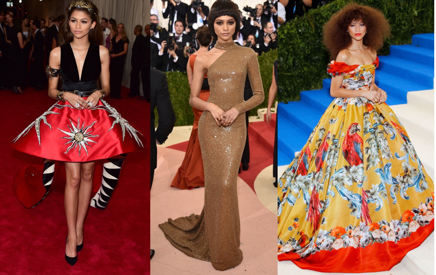 Zendaya, aki hatszor is részt vett már a Met-gálán, tökéletesen hozza a stíluskirálynő szerepet. Ha valaki készen áll a kihívásra, hogy emlékezetes divatos megjelenést kölcsönözzön a Met lépcsőin, az ő. (Balról jobbra) 2015 Fausto Puglisi ruha, 2016 Michael Kors ruha, 2017 Dolce & Gabbana ruha