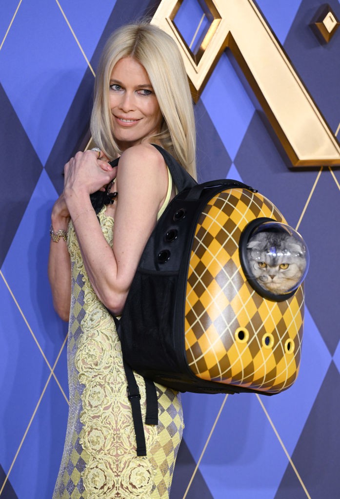 Claudia Schiffer macskájával jelent meg 2024. januárjában Londonban, egy filmpremieren