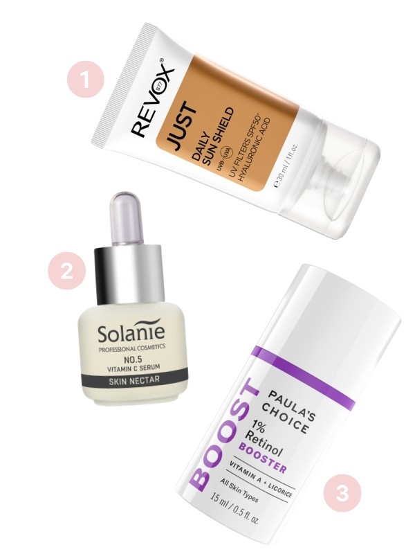 1. Just fényvédő REVOX 3499 Ft/30 ml 2. C-Vitamin szérum SOLANIE 5999 Ft/15 ml 3. 1% Retinol Booster szérum PAULA'S CHOICE 23 990 Ft/15 ml