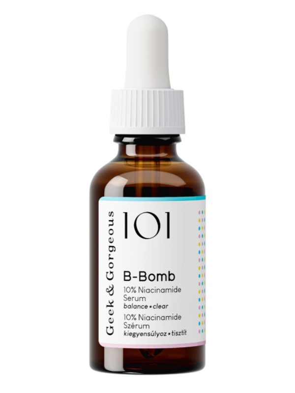 Esti arcápolásom fontos része a szérumhasználat, amire évek óta egy 10 %-os niacinamidos készítményt szoktam alkalmazni. Segít a pórusméret és az olajtermelés kiegyensúlyozásában, valamint szuper védőréteget képez a bőrön. - 101 B-bomb 10% Niacinamide Szérum GEEK & GORGEOUS 2690 Ft/ 30ml