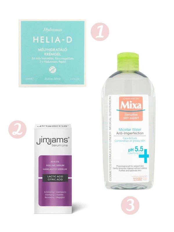 1. Hydramax mélyhidratáló krémgél HELIA-D 2999 Ft/50 ml (59,98 Ft/1 ml) a Rossmann üzleteiben és online, GLAMOUR kuponnal, 35% kedvezménnyel 1949,35 Ft 2. Serum Line AHA 5% hámlasztó szérum JIMJAMS 2099 Ft/30 ml a Rossmann üzleteiben és online, GLAMOUR kuponnal, 25% kedvezménnyel 1574,25 Ft 3. Mattító micellás víz zsíros, kombinált és érzékeny bőrre MIXA 2299 Ft/400 ml (5,74 Ft/1 ml) a Rossmann üzleteiben és online, GLAMOUR kuponnal, 30% kedvezménnyel 1609,3 Ft