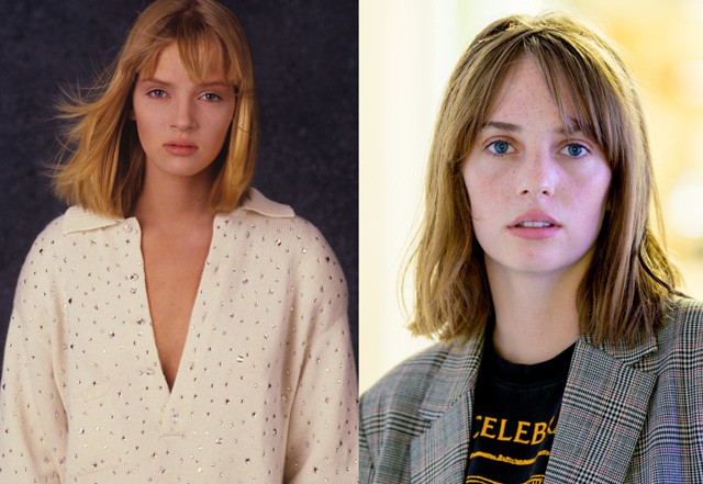 Uma Thurman a 80-as években és lánya, Maya Hawke 2019-ben