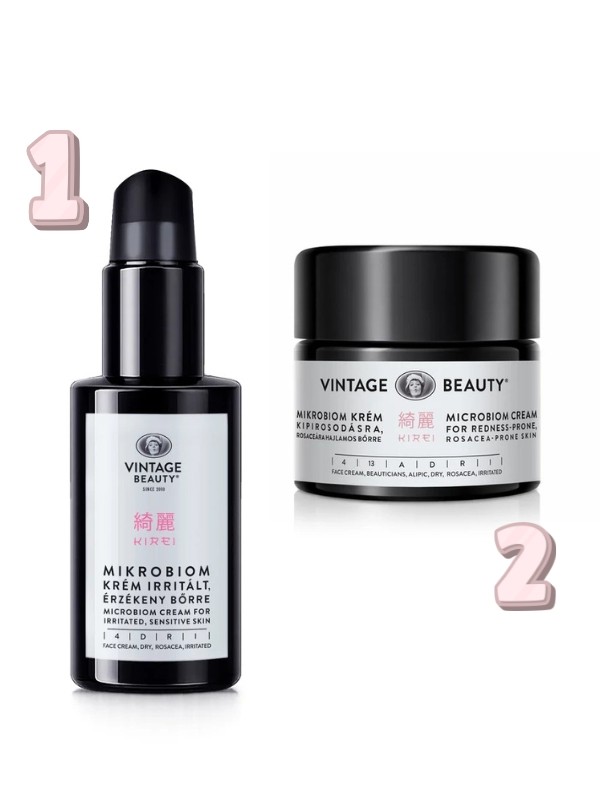 1. Kirei Mikrobiom krém irritált, érzékeny bőrre VINTAGE BEAUTY 29 000 Ft/50 ml (580 Ft/1 ml) 2. Kirei Mikrobiom krém kipirosodásra, rosaceára hajlamos bőrre VINTAGE BEAUTY 29 000 Ft/50 ml (580 Ft/1 ml) 