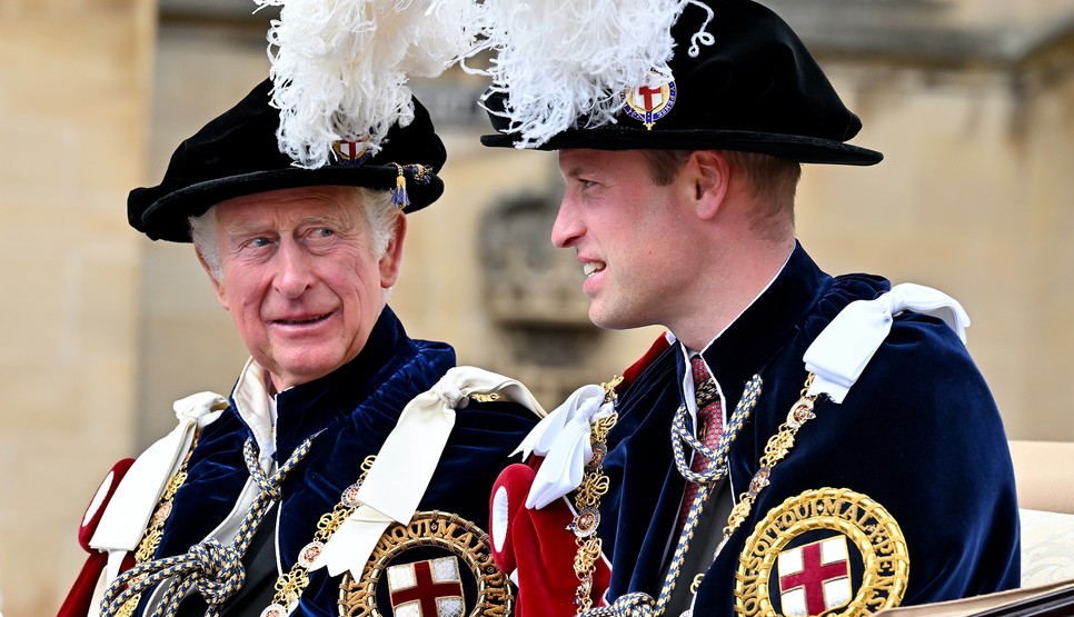 Prince Charles, Prince of Wales and Prince William, Duke of Cambridge attend The Order of The Garter service at St George's Chapel, Windsor Castle on June 13, 2022 in Windsor, England