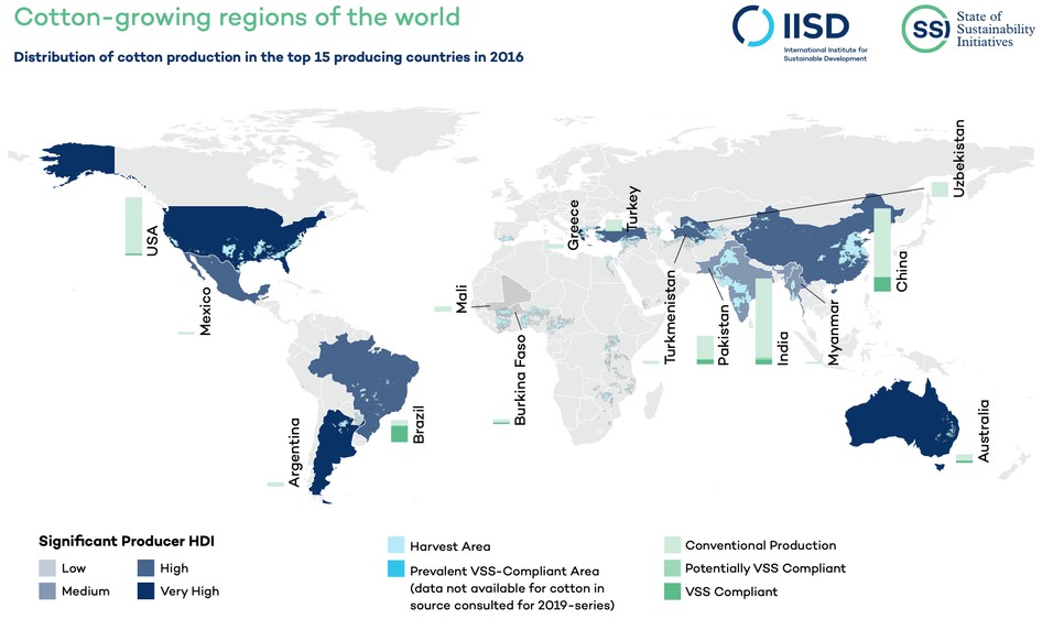 A fenntartható pamut részesedése a top 15 gyapottermelő országban 2016-ban (világos zöld: hagyományos termelés, sötét zöld: fenntarthatósági tanúsítvánnyal rendelkező termelés) (Forrás: IISD)