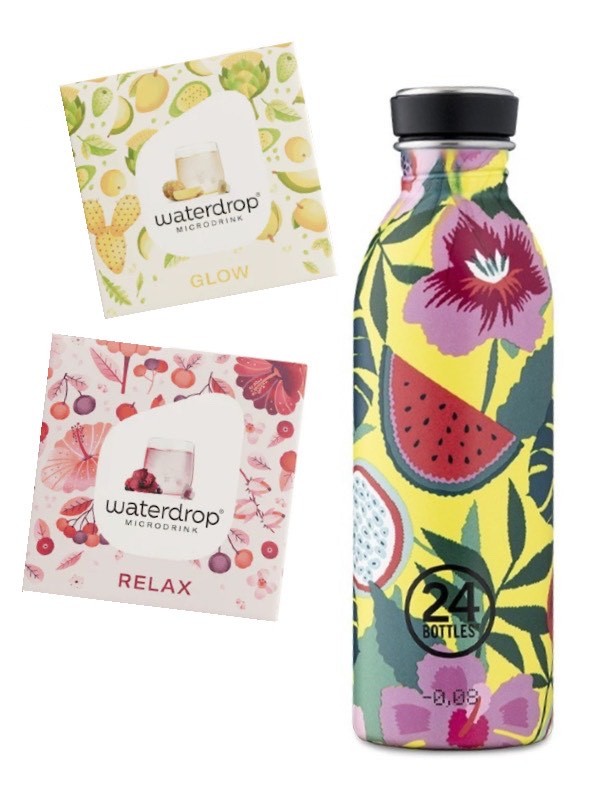 Rozsdamentes acél kulacs(Antigua, 500 ml) 24BOTTLES 7650 Ft, Mikrodrink kapszula (Glow, Relax) WATERDROP 2790 Ft/csomag