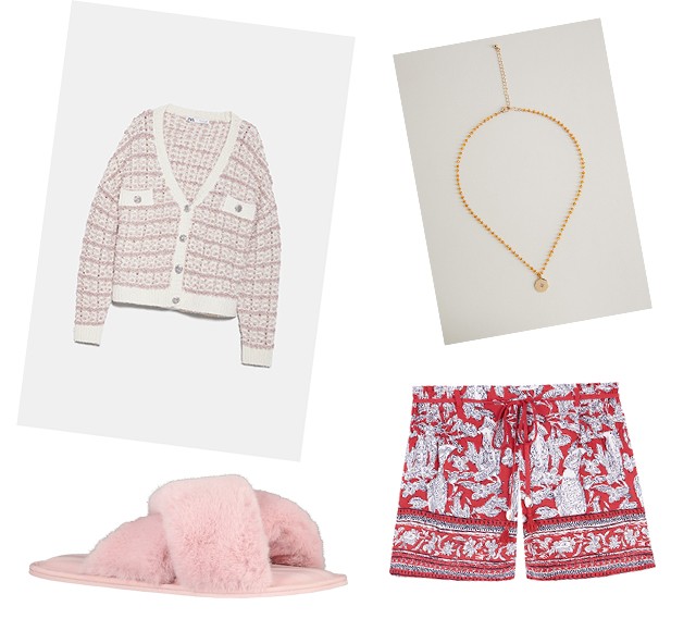 Sort WOMEN`SECRET 4995 Ft, kardigán ZARA 9995 Ft, nyaklánc MANGO 4995 Ft, papucs F&F 2990 Ft