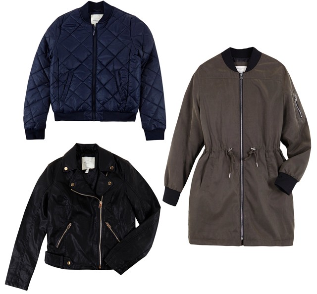 Sötétkék steppelt kabát 12995 Ft, műbőrdzseki 14995 Ft, hosszú kabát 14995 Ft