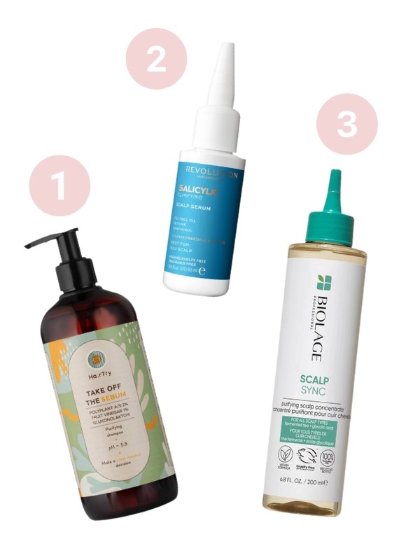 1. Take Off The Sebum sampon zsíros hajra HAIRTRY 5500 Ft/500 ml (11 Ft/1 ml) 2. Skinification Salicylic aktív szérum zsíros fejbőrre REVOLUTION HAIRCARE 4670 Ft/ 50ml (93,4 Ft/ 1ml) 3. ScalpSync koncentrátum fejbőrre BIOLAGE 11 640 Ft/200 ml (58,2 Ft/ 1ml)
