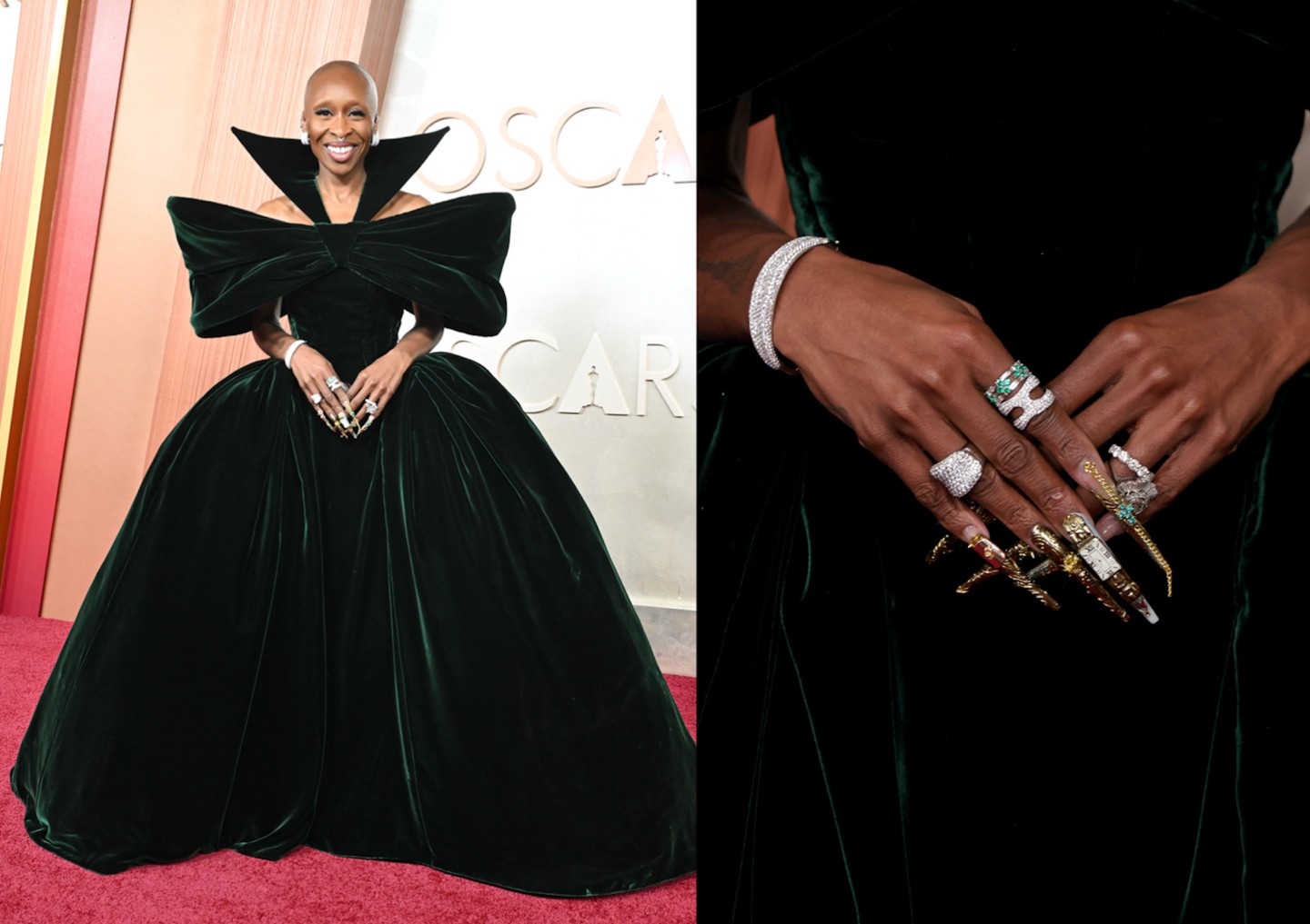 A 2025-ös Oscar-gála vörös szőnyegén a rejtett utalások vitathatatlanul legkifejezőbb öltözködési pillanata Cynthia Erivo Louis Vuitton ruhája volt. A pazar, sötétzöld szín egyértelmű kapcsolatot teremtett Elphaba szerepével a Wicked című darabban. De nemcsak a ruhája, hanem Erivo körmei is beszédesek voltak: Óz varázslatos világának szimbólumai díszítették a hatalmas karmokat.
