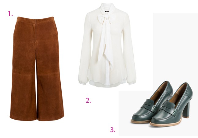 1: Velúr nadrág F&F 32810 Ft - 2: Blúz F&F 5490 Ft - 3: Bőrcipő MANGO 34995 Ft