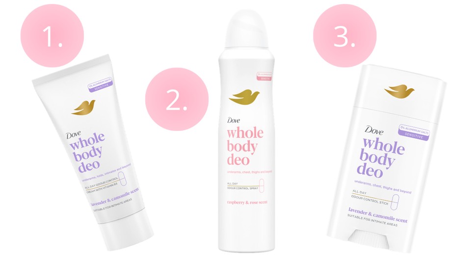 1. Whole Body Deo krém (Málna & rózsa) DOVE  2. Whole Body Deo spray 