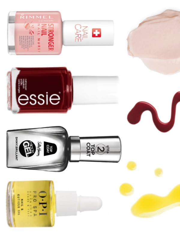 Nail Stronger alaplakk RIMMEL 1399 Ft, Körömlakk (Bordeaux) ESSIE 2799 Ft, Miracle Gel fedőlakk SALLY HANSEN 2999 Ft, Pro Spa köröm és kutikula olaj OPI 3729 Ft/8,6 ml, Helping Hands kézkrém LUSH 4290 Ft/100 g