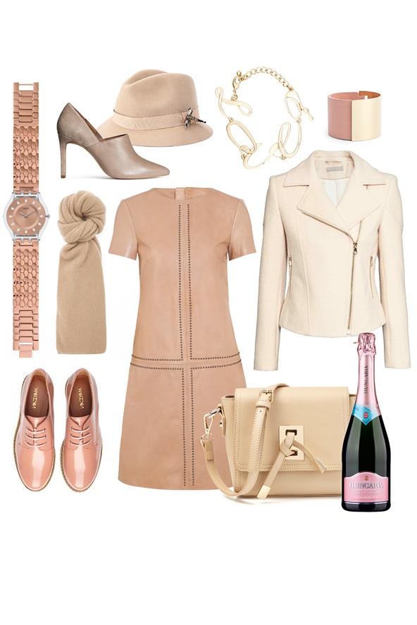 Rosé extra dry pezsgő HUNGARIA 1810 Ft - Karóra SWATCH 44900 Ft - Bőrruha F&F 61479 Ft - Magas sarkú bőrcipő H&M 17990 Ft - Kalap MARC CAIN 21680 Ft - Karkötő MARC CAIN 18550 Ft - Nyaklánc MOHITO 3995 Ft - Szövetdzseki H&M 19990 Ft - Fűzős cipő MARC CAIN 