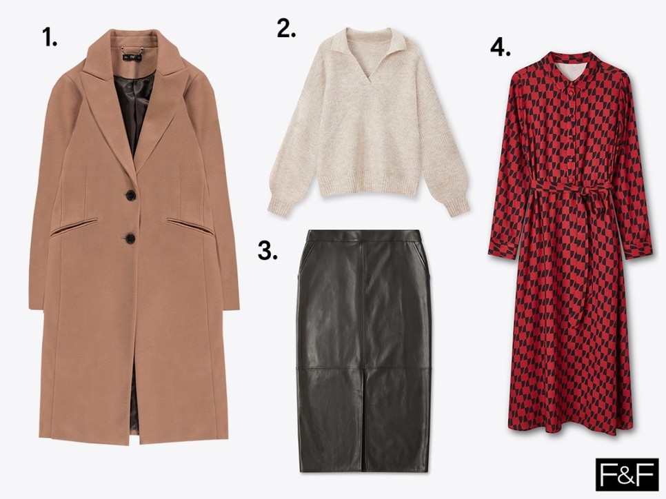 1.Szövetkabát, 20 900 Ft 2.Kötött pulóver, 8990 Ft 3.Műbőr szoknya, 11 490 Ft 4.Ruha, 13 490 Ft