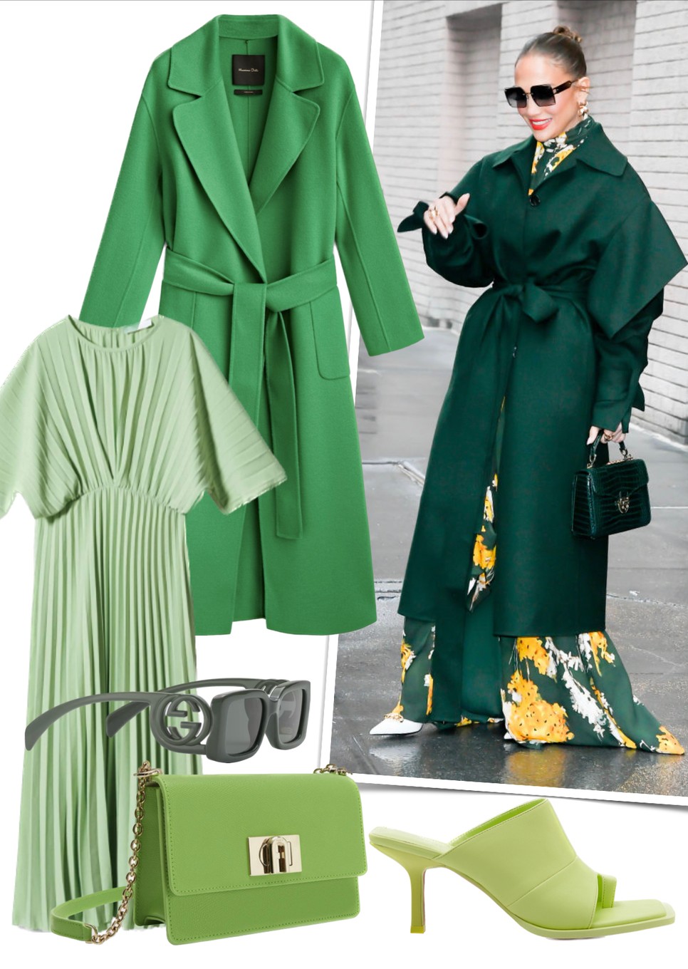 Köpenykabát MASSIMO DUTTI massimodutti.com, Pliszírozott ruha MANGO 19 995 Ft, Napszemüveg GUCCI gucci.com, Táska FURLA furla.com, Papucs RESERVED reserved.com