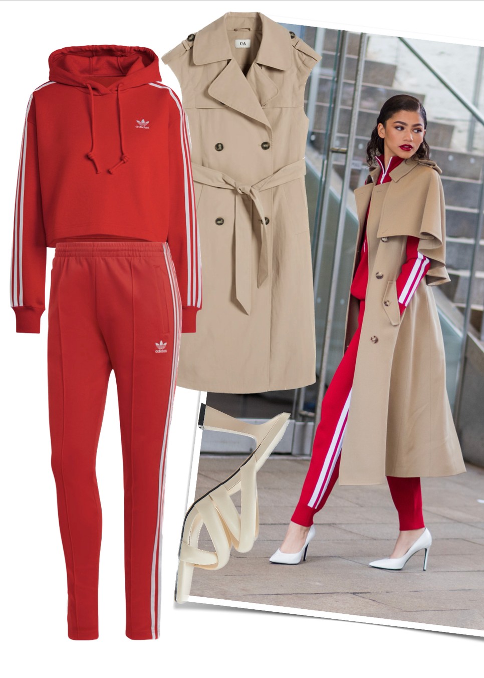 Ujjatlan kabát C&A 29995 Ft, Kapucnis felső és nadrág ADIDAS 21995 Ft, 18995 Ft, Papucs RESERVED 11995 Ft