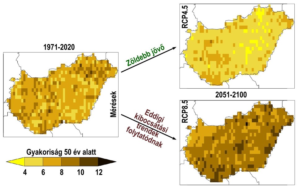 4. ábra: A súlyos aszály 1971-2020 időszakban megfigyelt előfordulási gyakorisága (balra), valamint a 2051-2100 időszakra az optimistább RCP4.5 (jobbra fent) és a pesszimista RCP8.5 (jobbra lent) forgatókönyvet figyelembe vevő klímaszimulációk átlaga alapján [évek száma]. A szerzők ábrája.