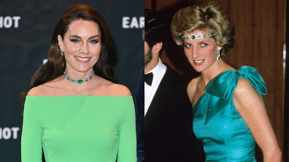 Katalin hercegné Diana hercegnő smaragdokkal díszített gyémánt nyakpántját viselte a 2022-es Earthshot-díjátadón, amelyet Diana egy alkalommal fejpántként is hordott