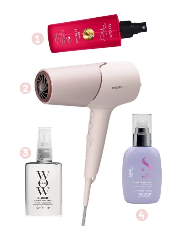 1. Salon Hair color and Radiance Protective hővédő spray DOUGLAS 5490 Ft/100 ml (54,9 Ft/ 1 ml) 2. BHD530/00 hajszárító szűkítő fejjel és diffúzorral PHILIPS 27 990 Ft 3. Dream Coat Supernatural hajformázó spray hővédővel COLOR WOW 5990 Ft/ 50 ml (119,8 Ft/ 1 ml) 4. Semi di Lino Smoothing hővédős hajápoló krém ALFAPARF MILANO PROFESSIONAL 5990 Ft/125 ml (47,92 Ft/ 1 ml)