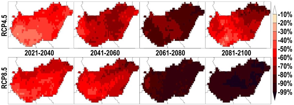 4. ábra: A téli hidegrekordok várható átlagos előfordulása 2021-2040, 2041-2060, 2061-2080 és 2081-2100-ra a változatlan éghajlati viszonyokhoz arányosítva, az optimistább RCP4.5 (fent) és pesszimista RCP8.5 (lent) forgatókönyvet figyelembe véve. Mindkét esetben 6-6 modellszimulációt vizsgáltunk, melyek átlagát mutatjuk be. A szerzők ábrája.