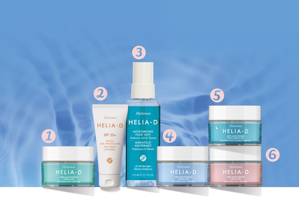 1. Hydramax mélyhidratáló krémgél száraz bőrre HELIA-D 2999 Ft/50 ml (59,98 Ft/1 ml) 2. Hydramax fényvédő arckrém HELIA-D 2999 Ft/40 ml 3. Hydramax hidratáló arcpermet HELIA-D 1999 Ft/110 ml (18,17 Ft/1 ml) 4. Hydramax mélyhidratáló krémgél normál bőrre HELIA-D 2999 Ft/50 ml (59,98 Ft/1 ml) 5. Hydramax mélyhidratáló éjszakai krémgél HELIA-D 2999 Ft/50 ml (59,98 Ft/1 ml) 6. Hydramax mélyhidratáló krémgél érzékeny bőrre HELIA-D 2999 Ft/50 ml (59,98 Ft/1 ml)