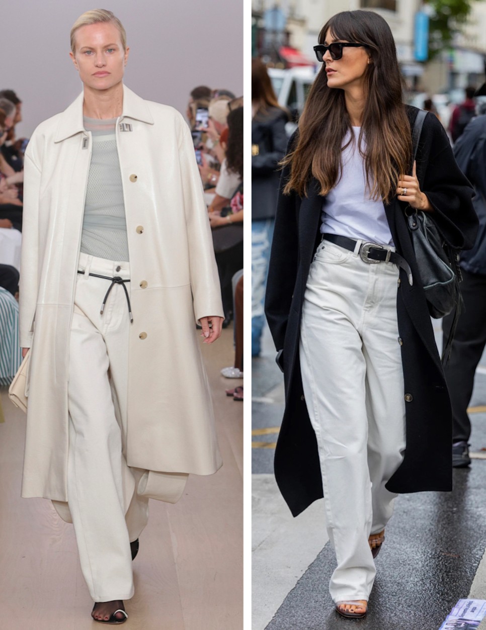 Proenza Schouler kifutóján világos összeállításban jelent meg a fehér farmer, míg az utcán Leia Sfez modell fekete kabáttal mutatta meg