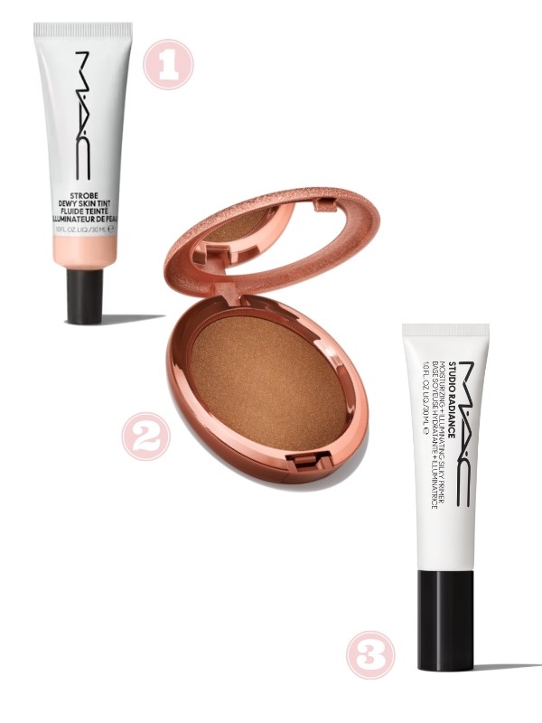 1. Stobe Dewy Skin Tint színezett hidratáló (Medium 3) MAC 16 000 Ft/30 ml 2. Sunstruck Radiant bronzosító (Radiant Deep Golden) MAC 14 000 Ft 3. Studio Radiance hidratáló primer MAC 13 300 Ft/30 ml