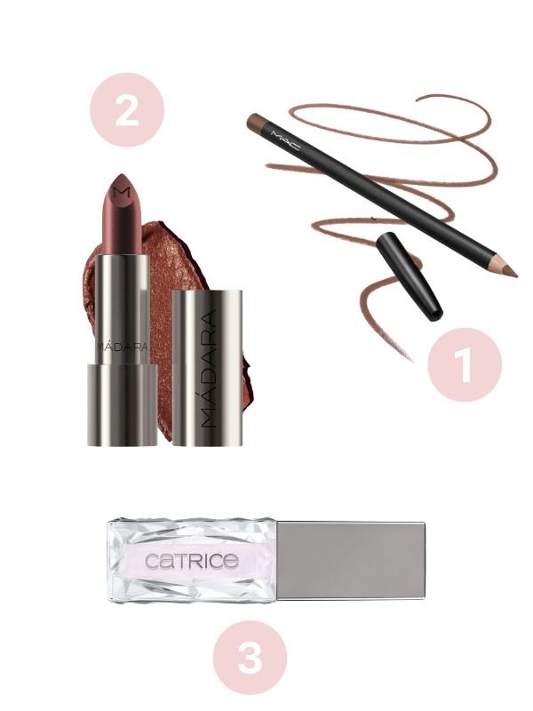 1. Lip Pencil szájkontúr ceruza (Greige) MAC COMETICS 10 000 Ft 2. Dazzle Nights szatén fényű krémes ajakrúzs (Rust) MÁDARA 9 990 Ft 3. Arctic Illusion Plumping Effect Gloss szájfény CATRICE 1749 Ft