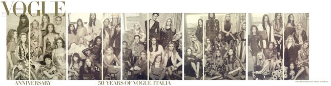 A modellek balról jobbra: Naomi Campbell, Raquel Zimmermann, Amber Valletta, Carolyn Murphy, Christy Turlington, Linda Evangelista, Karen Elson, Natalia Vodianova, Edie Campbell, Stella Tennant, Jamie Bochert, Vanessa Moody, Mariacarla Boscono, Daria Stro