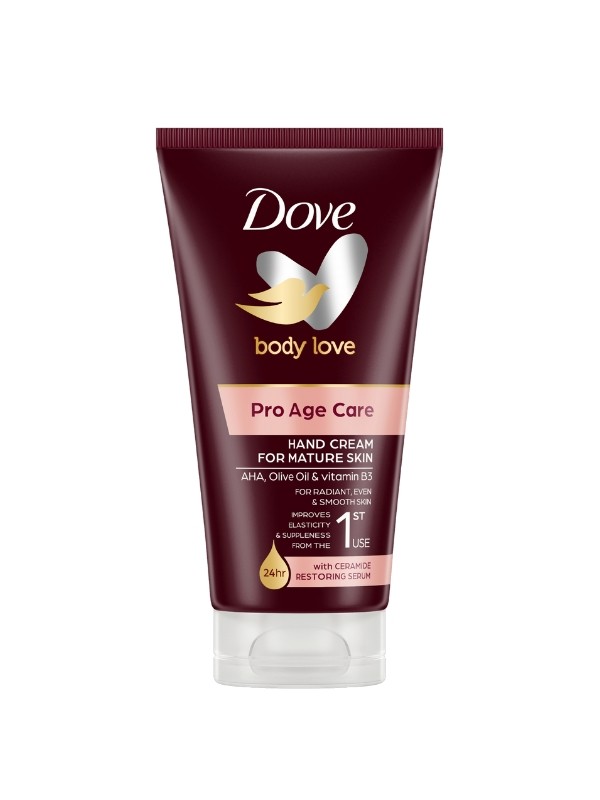 A Dove Pro Age testápolót kifejezetten az érett bőr számára fejlesztették ki. Gazdag formulája mély hidratálást biztosít a bőr szarurétegében és gyorsan beszívódik, AHA-t, olívaolajat és B3-vitamint tartalmaz, amelyek segítenek csökkenteni az öregségi foltok megjelenését, és már az első használattól kezdve feltöltik a bőrt. A Dove Pro Age kézkrém szintén gazdag, mindennapos használatra alkalmas hidratáló, kifejezetten érett bőrre ajánlott. – Pro Age kézkrém DOVE 1099 Ft/75 ml (14,65 Ft/1 ml)