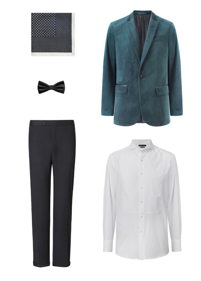 Zsebkendő: 6 995 Ft., Csokornyakkendő: 6 995 Ft., Nadrág: 13 995Ft., Zakó: 25 995 Ft., Ing: 13 995 Ft.