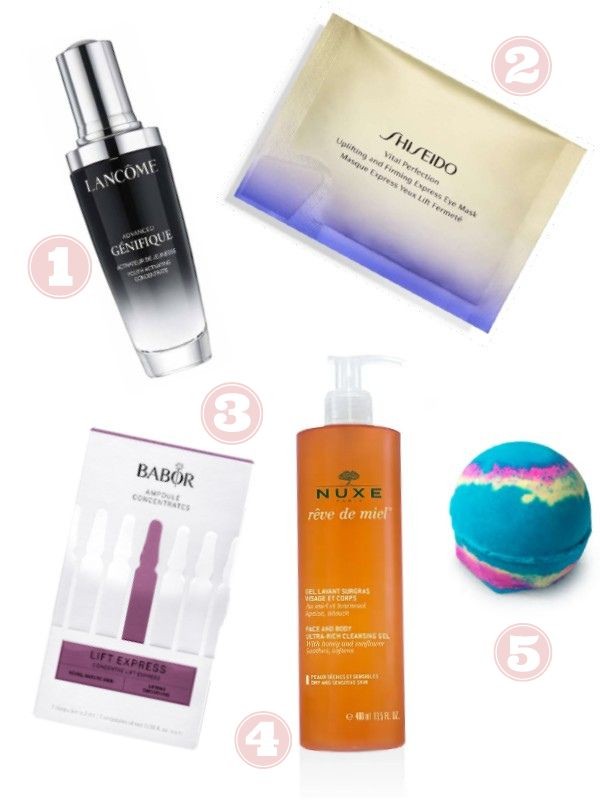 1. Advanced Genifiqué szérum LANCOME 29 400 Ft/30 ml 2. Vital perfection szemmaszk SHISEIDO 31 790 Ft 3. Lifting Express ampulla kúra BABOR 17 480 Ft 4. Reve De Miel gazdag arc- és testlemosó gél NUXE 7050 Ft 5. Intergalactic fürdőbomba LUSH 2390 Ft