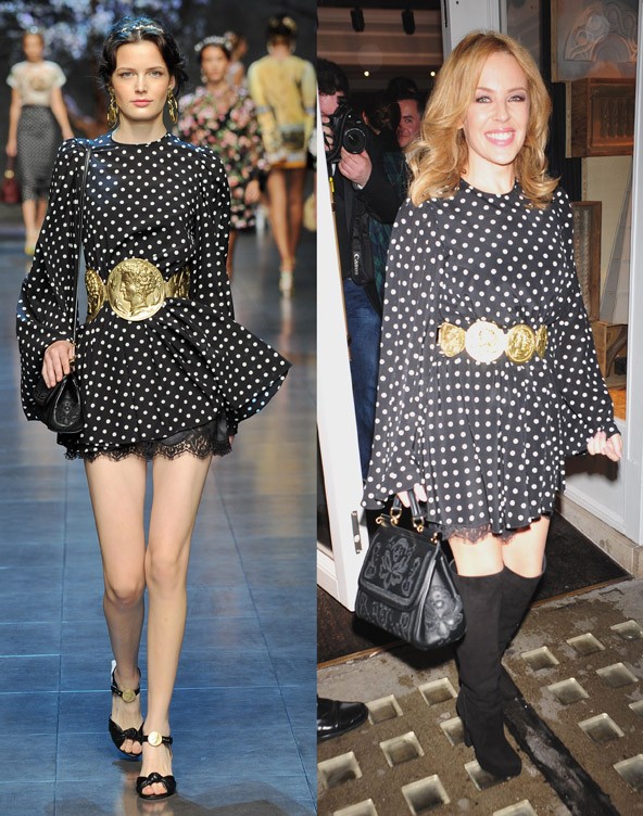 Kylie Minogue tudja, hogy a nőies darabok jól állnak neki, és a pöttyöket is kedveli. Ez a Dolce & Gabbana ruha fekete hosszúszárú csizmával megbolondítva igazi Kylie stílusú öltözék lett.