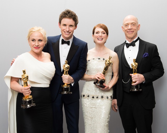 A legjobb színészek 2015-ben: Patricia Arquette (Sráckor), Eddie Redmayne (A mindenség elmélete), Julianne Moore (Still Alice), J. K. Simmons (Whiplash).