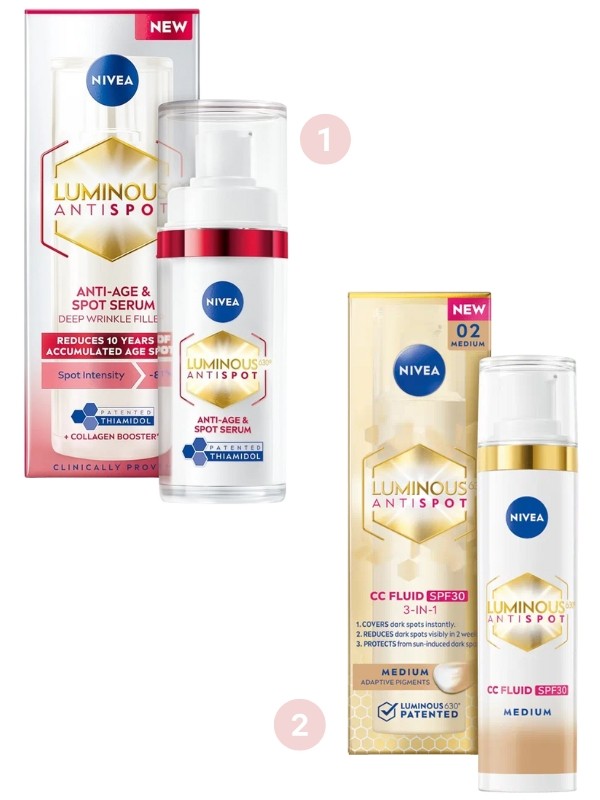 1. Luminous630 Antispot szérum sötét foltokra NIVEA 2. Luminous630 Antispot 3 az 1-ben SPF30 CC Fluid (Medium) NIVEA