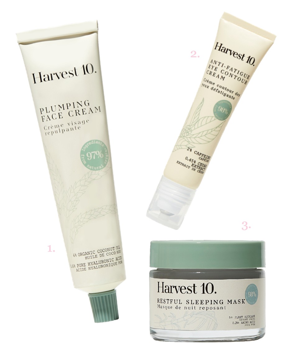 1. Plumping arckrém HARVEST 10. 6900 Ft/50 ml, 2. Szemkörnyékápoló krém HARVEST 10. 5900 Ft/15 ml, 3. Restful éjszakai maszk HARVEST 10. 7300 Ft/50 ml